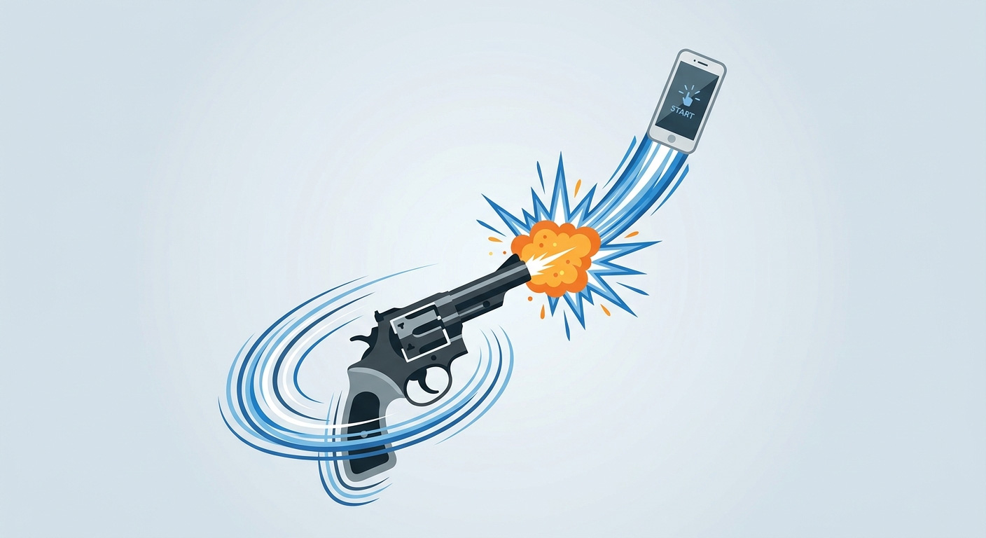 A flat illustration of a track-and-field starting pistol held in mid-air firing, with a smartphone visibly launched upward from the pistol's muzzle by the shot and dynamic motion lines around it