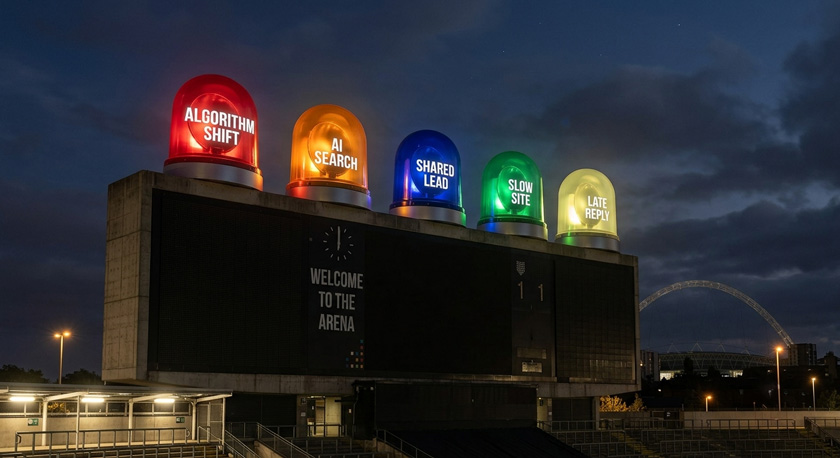 A photo of a large stadium scoreboard displayed against a night sky, with five illuminated warning lights arranged in a row along the top of the board, each light labelled with one of the obstacles A photo of a large stadium scoreboard displayed against a night sky, with five illuminated warning lights arranged in a row along the top of the board, each light labelled with one of the obstacles