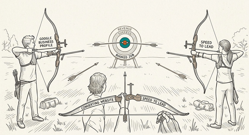 A flat illustration of three archers on the ground firing arrows simultaneously from three bows, each bow labelled (Google Business Profile, Converting Website, Speed to Lead), all three arrows converging on a single central target bullseye labelled Booked Job in the middle distance A flat illustration of three archers on the ground firing arrows simultaneously from three bows, each bow labelled (Google Business Profile, Converting Website, Speed to Lead), all three arrows converging on a single central target bullseye labelled Booked Job in the middle distance