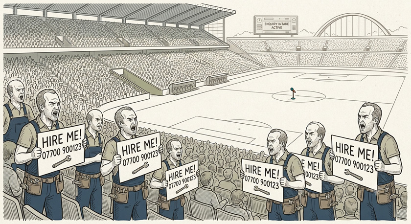A flat illustration of a stadium crowd stand with eight identical plumbers holding placards and shouting toward a single small microphone at the centre of the arena, suggesting one enquiry being shouted at by eight competitors A flat illustration of a stadium crowd stand with eight identical plumbers holding placards and shouting toward a single small microphone at the centre of the arena, suggesting one enquiry being shouted at by eight competitors