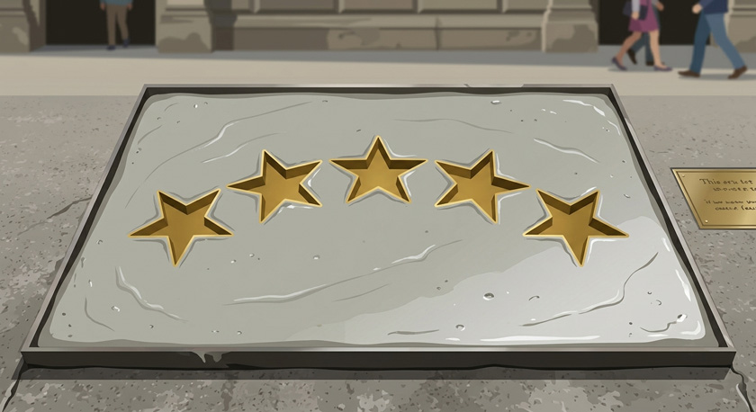 A flat illustration of five golden star shapes freshly pressed into a slab of wet cement, forming a permanent legacy record like handprints on a Hollywood pavement, the cement's surface still slightly wet-looking A flat illustration of five golden star shapes freshly pressed into a slab of wet cement, forming a permanent legacy record like handprints on a Hollywood pavement, the cement's surface still slightly wet-looking