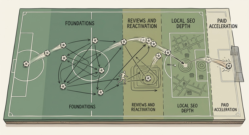 A flat illustration of a football pitch shown from above in cross-section, with a football moving from left to right through three progressive stages of play (kickoff, midfield, penalty area) each labelled (Foundations, Reviews and reactivation, Local SEO depth), and a smaller fourth stage at the goal at the far right labelled Paid acceleration A flat illustration of a football pitch shown from above in cross-section, with a football moving from left to right through three progressive stages of play (kickoff, midfield, penalty area) each labelled (Foundations, Reviews and reactivation, Local SEO depth), and a smaller fourth stage at the goal at the far right labelled Paid acceleration
