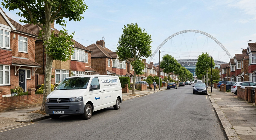 A plumber's white van parked along a residential Wembley Park street with the distinctive Wembley Stadium arch clearly visible in the middle distance against an open sky, natural mid-morning daylight, photorealistic