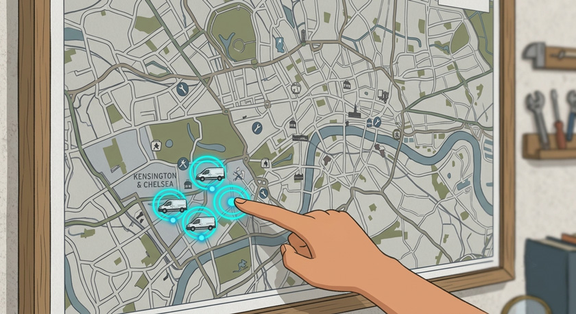 A flat illustration of a hand extended into the frame pointing at three plumber van markers highlighted on a large wall-mounted stylised map of a London borough