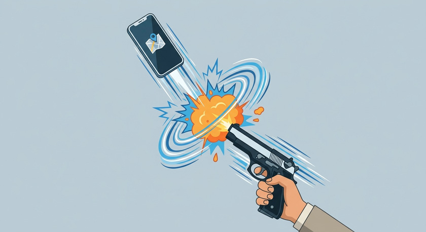 A flat illustration of a track-and-field starting pistol held in mid-air firing, with a smartphone visibly launched upward from the pistol's muzzle by the shot and dynamic motion lines around it