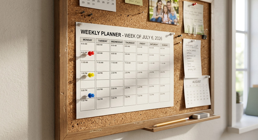 A wall-mounted cork noticeboard with a printed weekly planner pinned to it and three coloured pushpins placed on Monday's slots