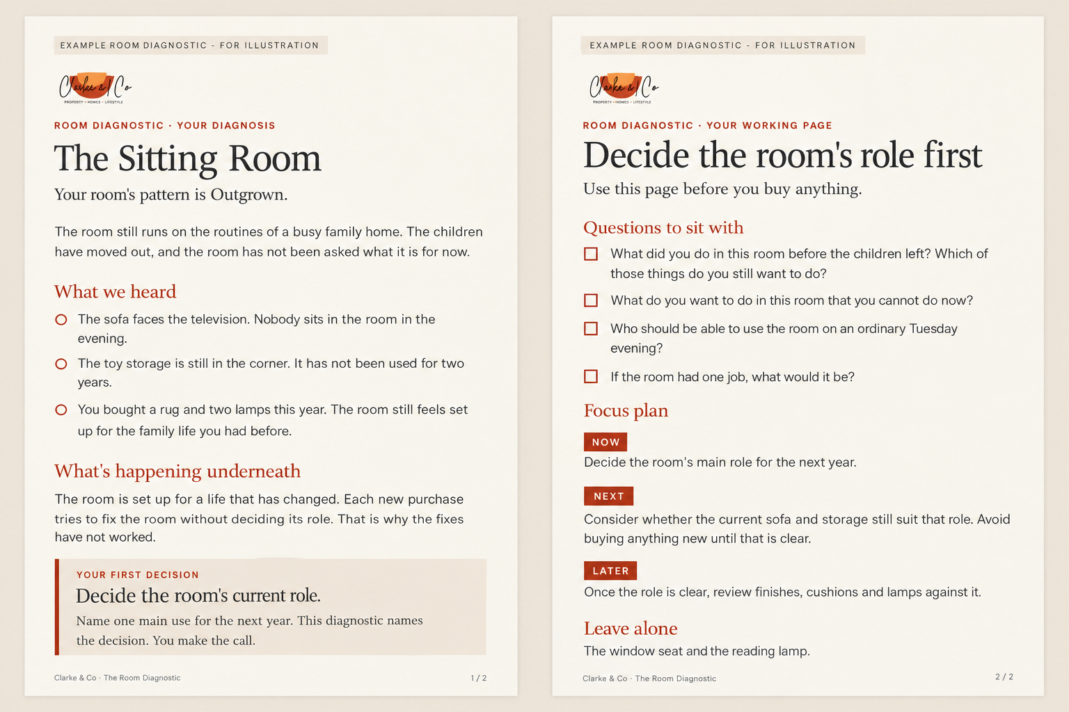 An example Room Diagnostic: the diagnosis page and the working page