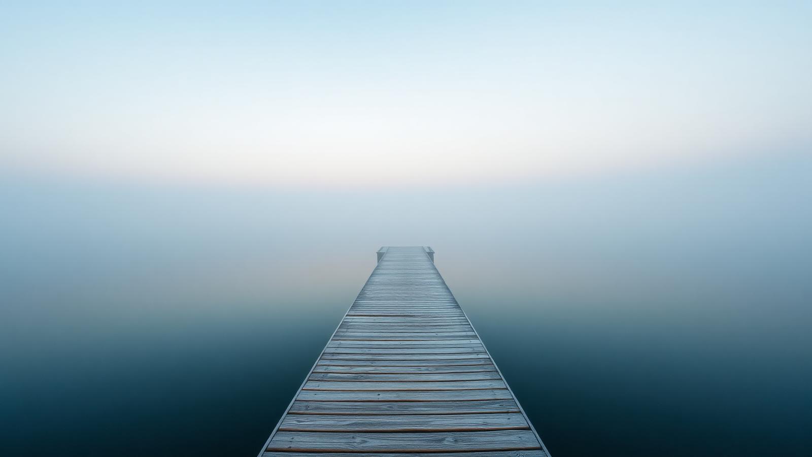 A quiet wooden pier disappearing into a calm lake at dawn