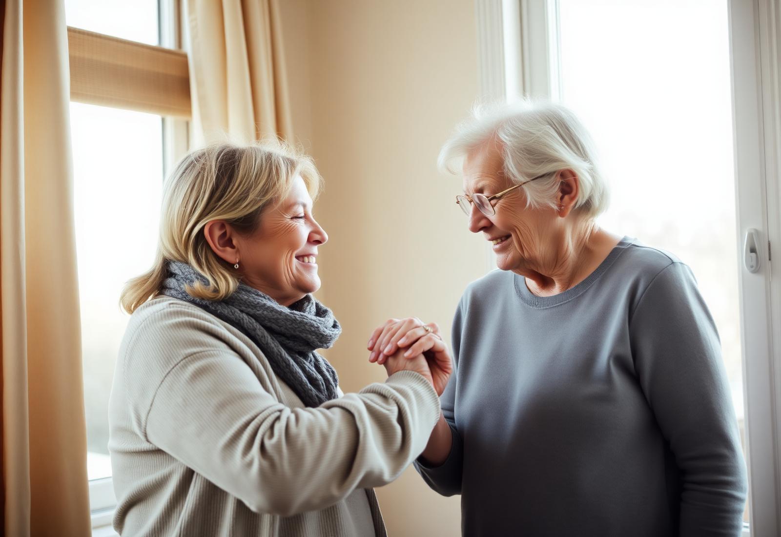An adult daughter holding her elderly mother's hand by a sunlit window