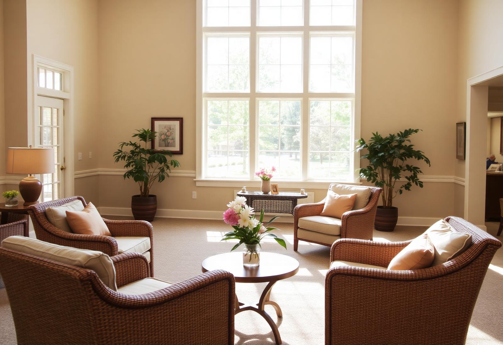 Sunlit, home-like senior living common room with comfortable seating