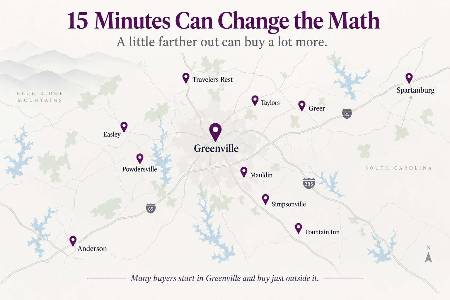 Map of Greenville, SC and nearby Upstate towns including Travelers Rest, Taylors, Greer, Spartanburg, Easley, Powdersville, Mauldin, Simpsonville, Fountain Inn, and Anderson.