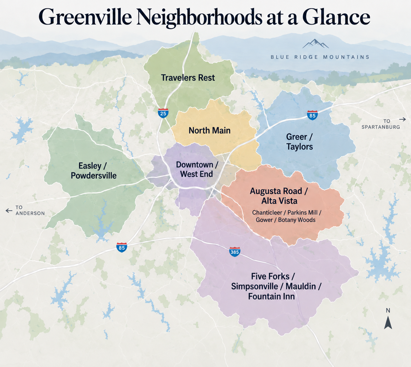 Map of Greenville, SC area neighborhoods grouped into zones: Travelers Rest to the north, North Main and Downtown West End in the center, Greer and Taylors to the northeast, Augusta Road and Alta Vista to the southeast with Chanticleer, Parkins Mill, Gower and Botany Woods, Five Forks, Simpsonville, Mauldin and Fountain Inn to the south, and Easley and Powdersville to the west.