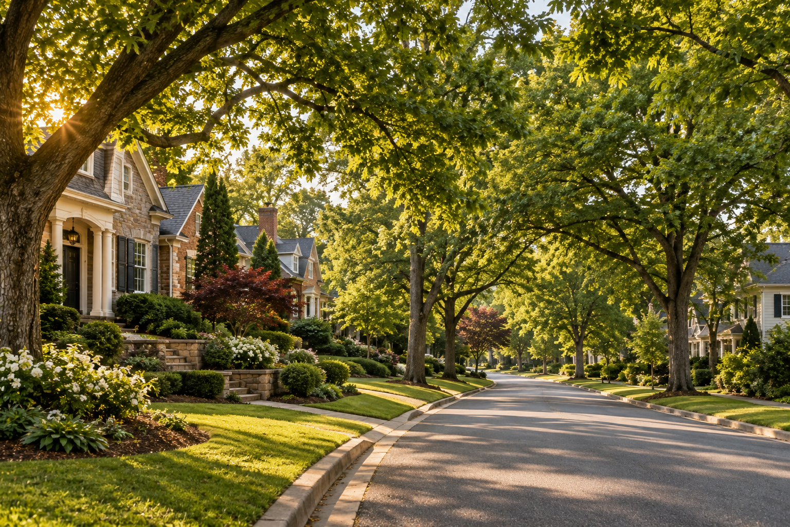 Established Greenville area street under a mature tree canopy, with a stone and stucco home, layered stone retaining walls, and landscaped front yards.
