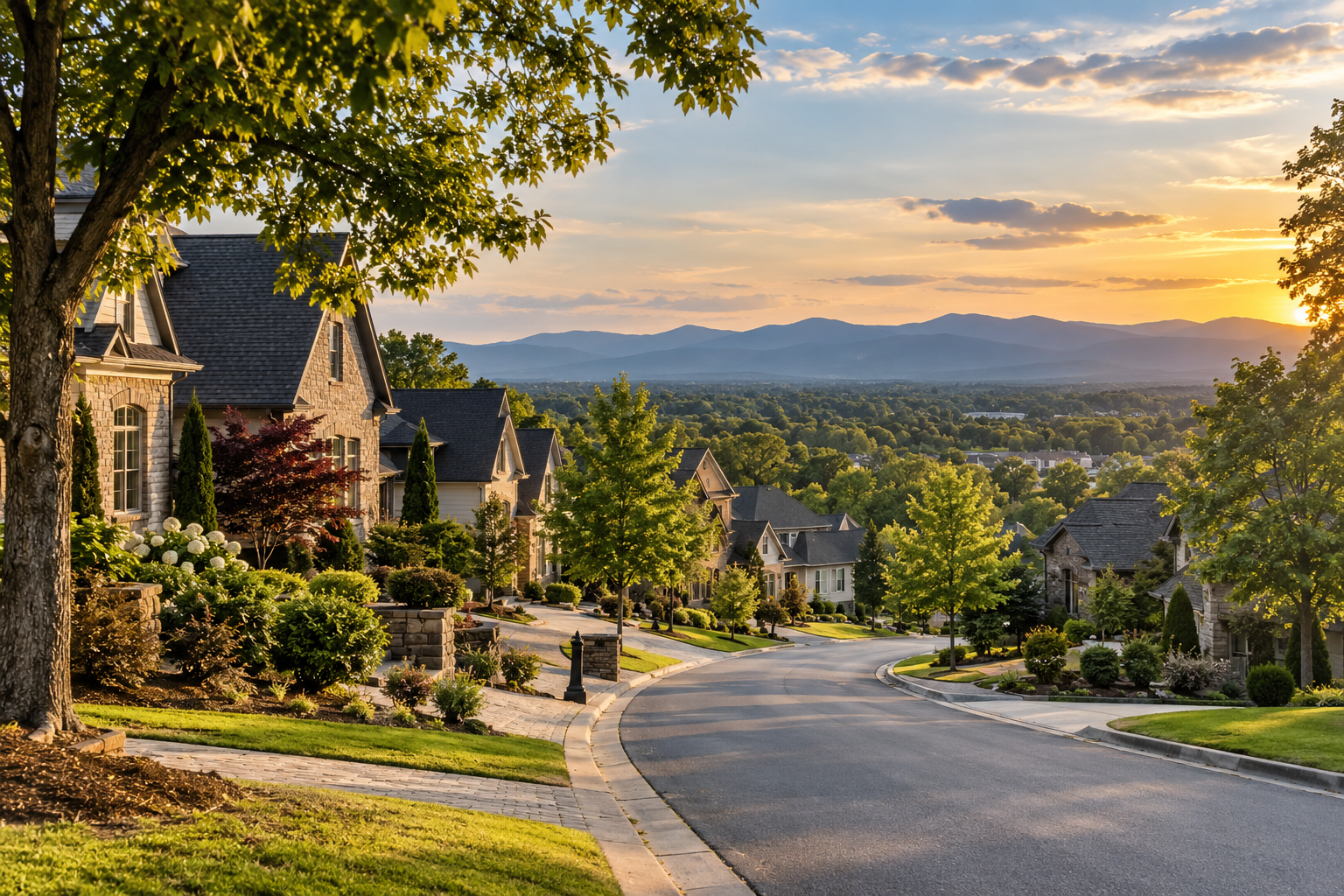 Hillside Greenville area street at sunset with stone-front homes, curving road and sidewalk, overlooking wooded valleys and the Blue Ridge mountains in the distance.