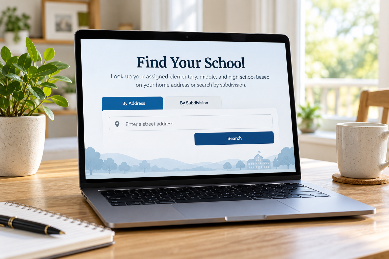 Laptop showing a Find Your School lookup page with two tabs, By Address and By Subdivision, and a field to enter a street address.