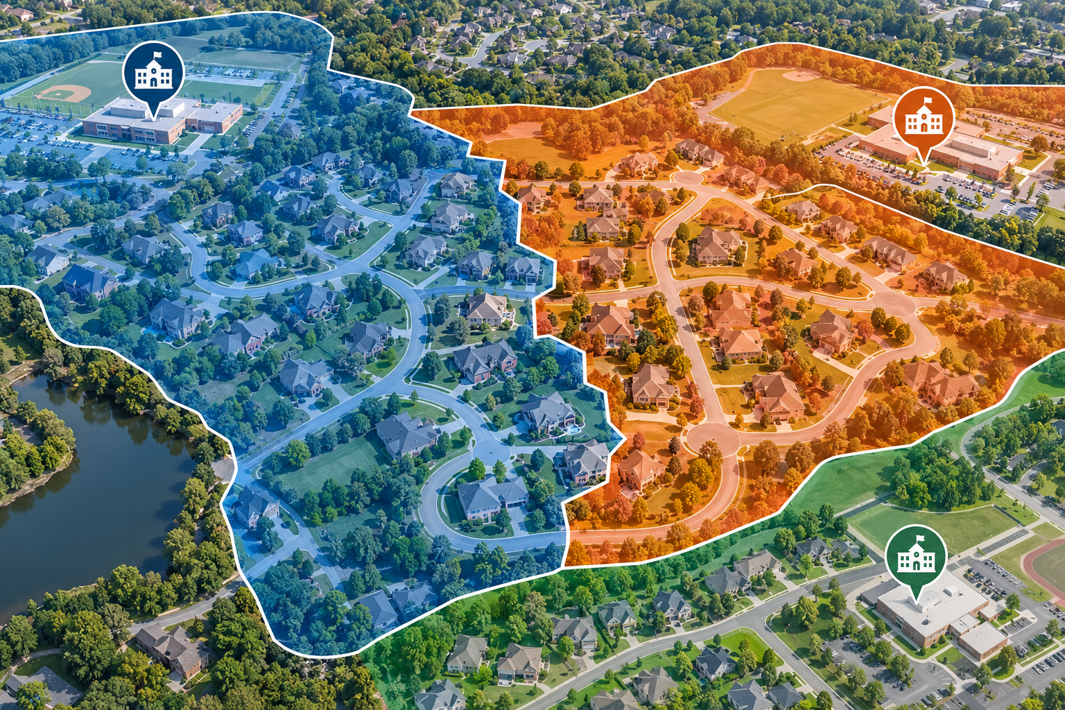 Aerial view of neighborhoods with three school attendance zones shaded in different colors, showing boundaries cutting through subdivisions rather than following them, with a school marked in each zone.