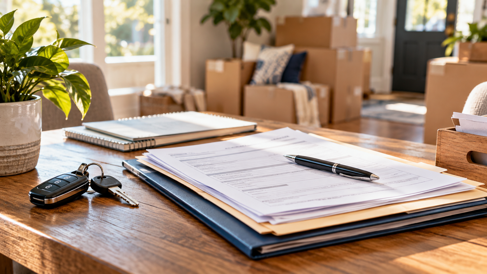 Vehicle paperwork and a folder on a dining table with car keys beside it, moving boxes stacked in the background.