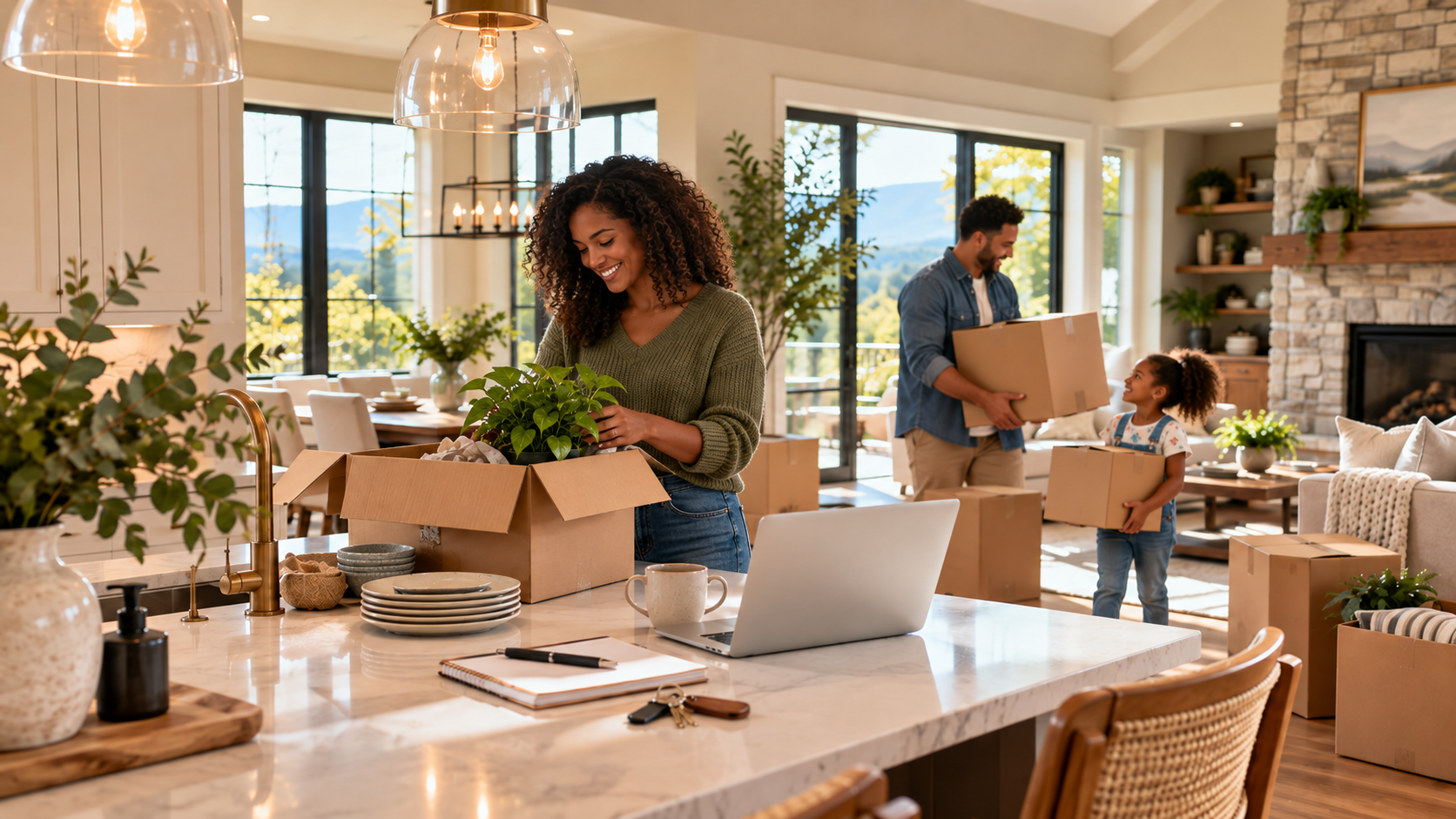 Household unpacking boxes in a bright kitchen and living area, with wooded hills visible through the windows.