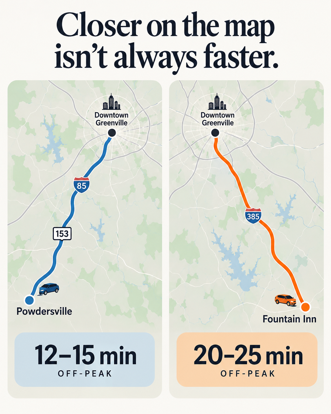 Two route maps compared: Powdersville to downtown Greenville via Highway 153 and I-85 at 12 to 15 minutes off-peak, against Fountain Inn to downtown Greenville via I-385 at 20 to 25 minutes off-peak.