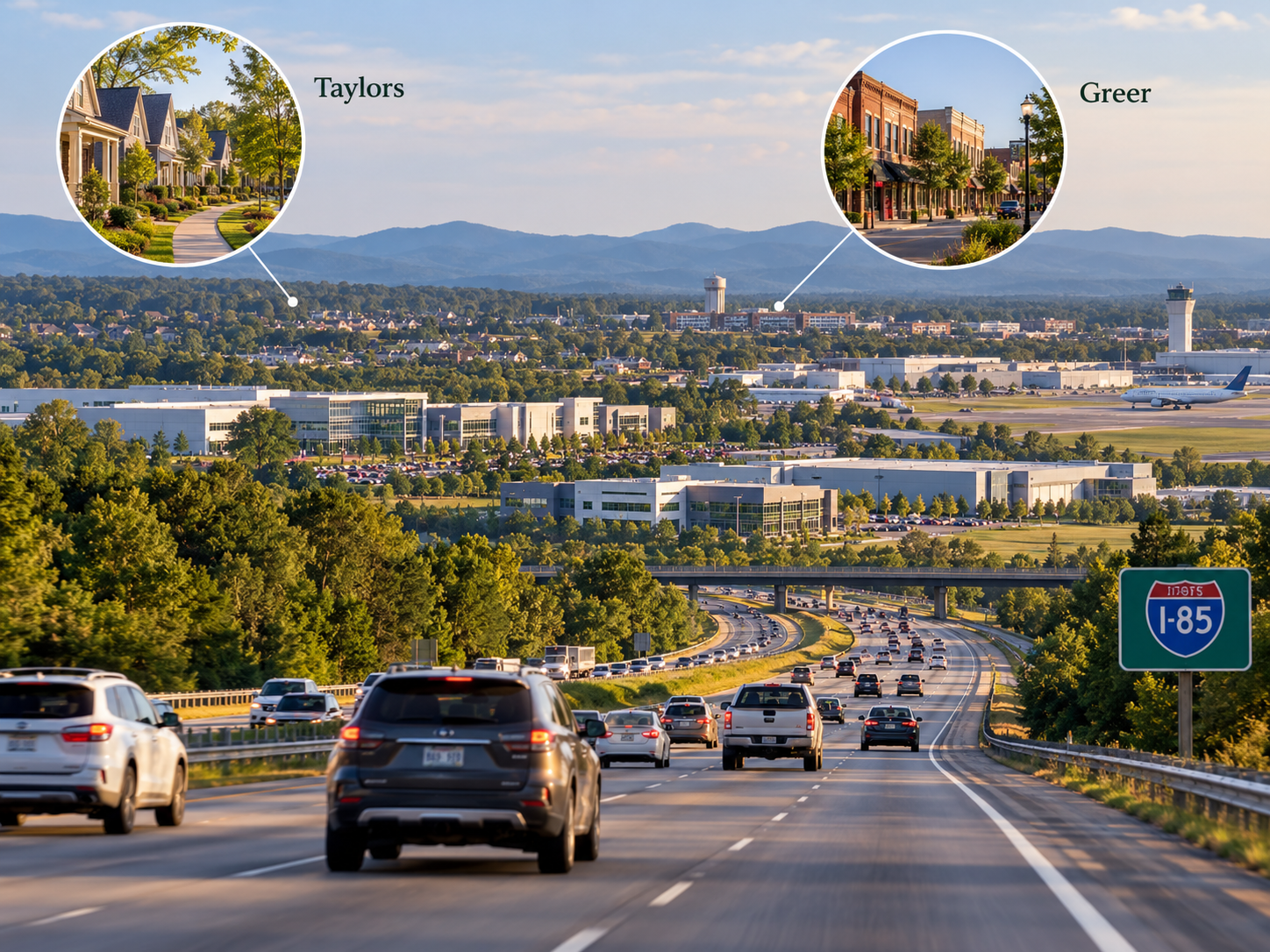 Traffic on Interstate 85 looking toward the GSP airport and the manufacturing corridor, with inset views of a Taylors residential street and downtown Greer.