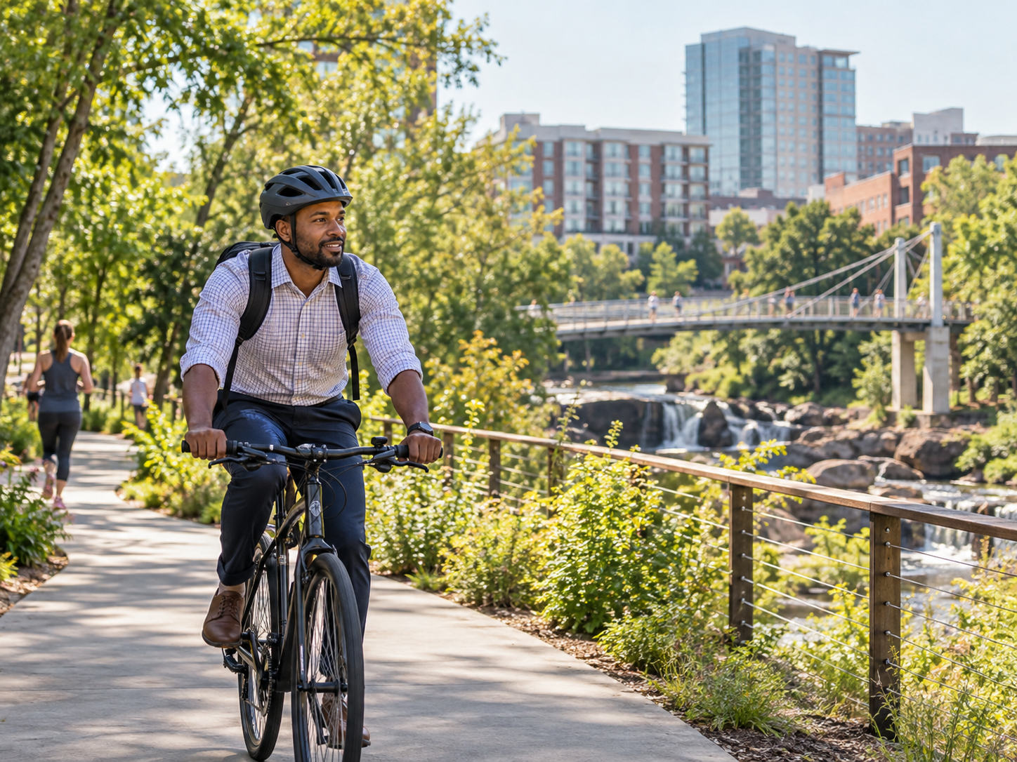 A commuter riding a bicycle along the Swamp Rabbit Trail beside the Reedy River falls, with the Liberty Bridge and downtown Greenville buildings in the background.