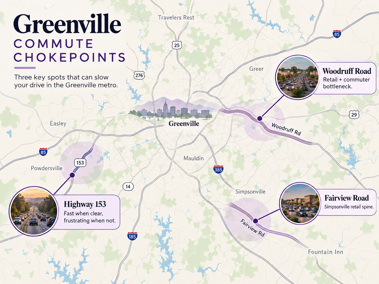 Map of the Greenville metro marking three commute chokepoints: Woodruff Road as a retail and commuter bottleneck, Fairview Road as the Simpsonville retail spine, and Highway 153 at Powdersville, fast when clear and frustrating when not.