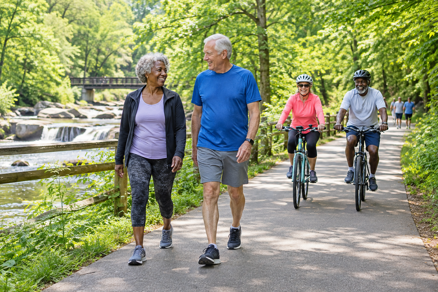 People walking and cycling on a paved tree lined trail beside a river in the Greenville area, with a footbridge and small falls in the background.