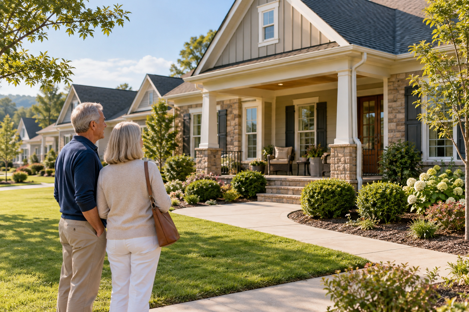 A couple standing on the front lawn looking at a single level home with stone and siding, a covered porch and landscaped beds, with more homes along the street behind them.