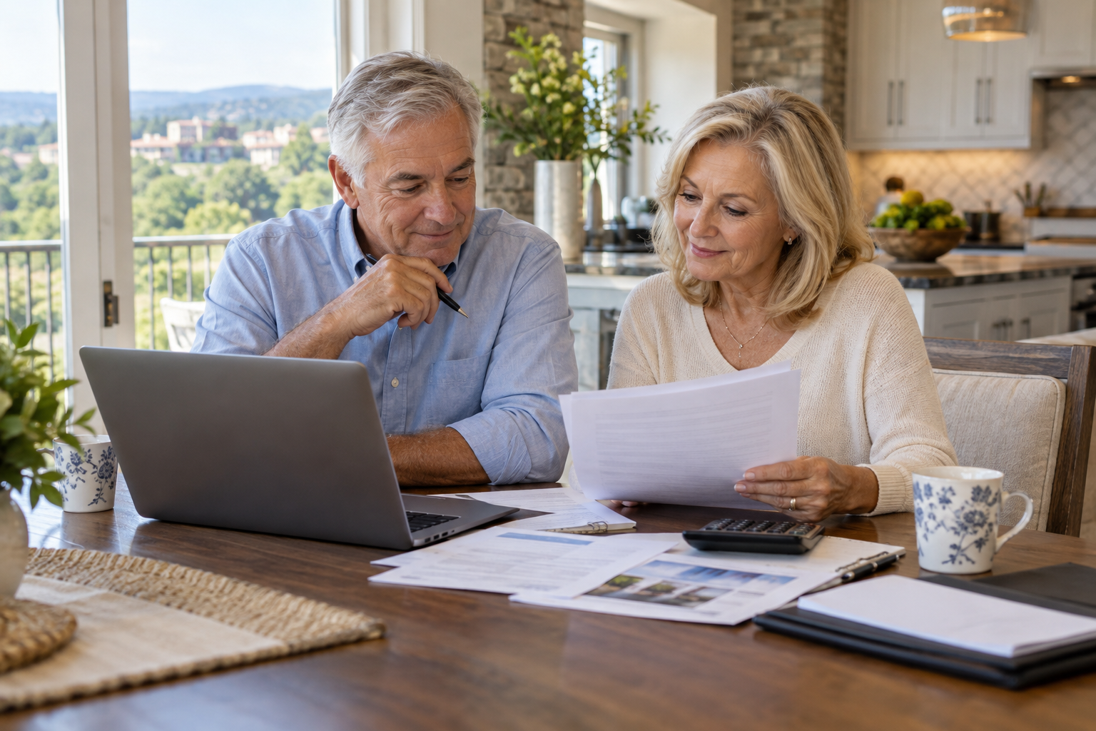 An older couple sitting at a kitchen table reviewing printed paperwork with a laptop and a calculator, with wooded hills visible through the window behind them.
