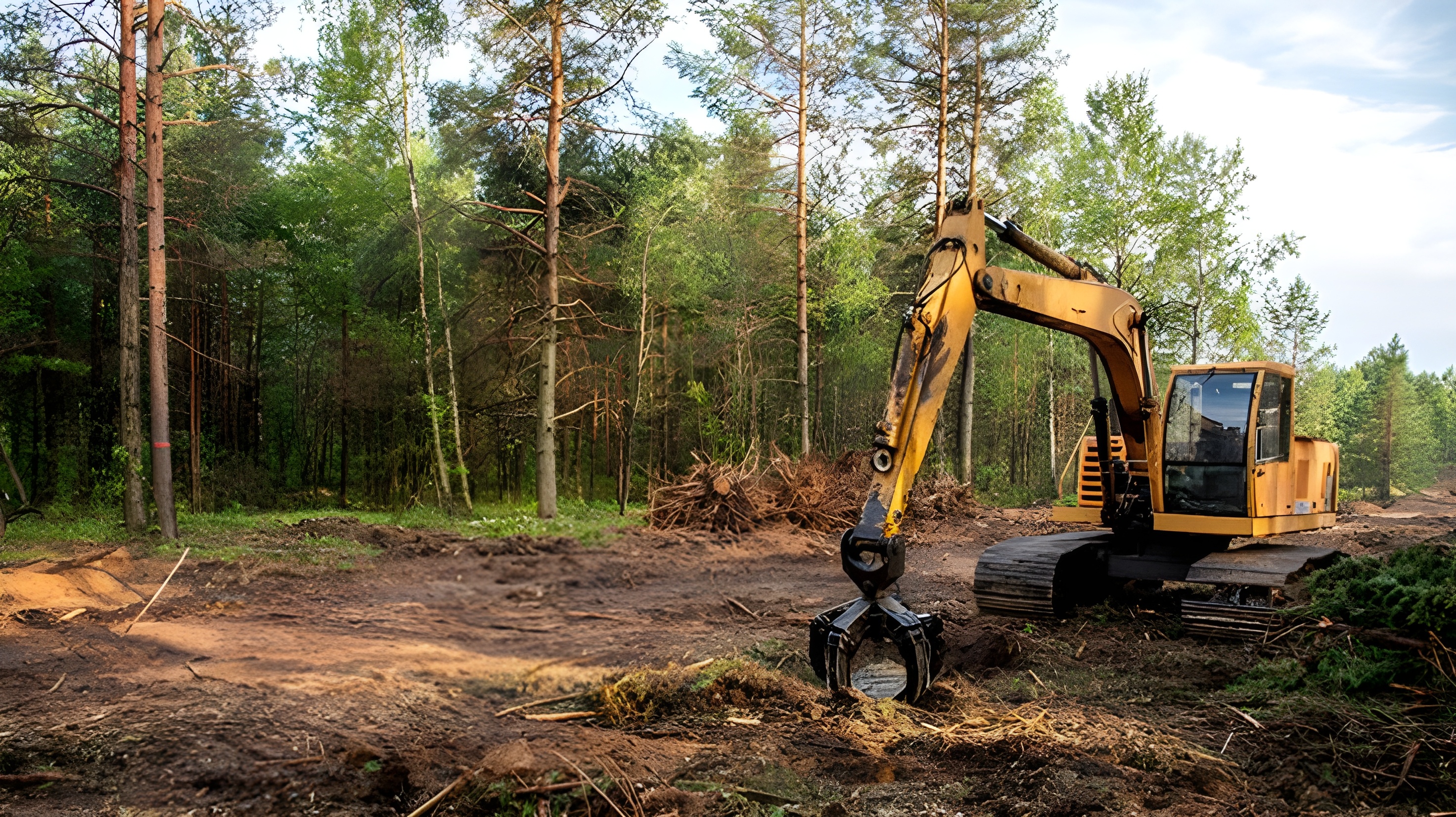 Excavator clearing land