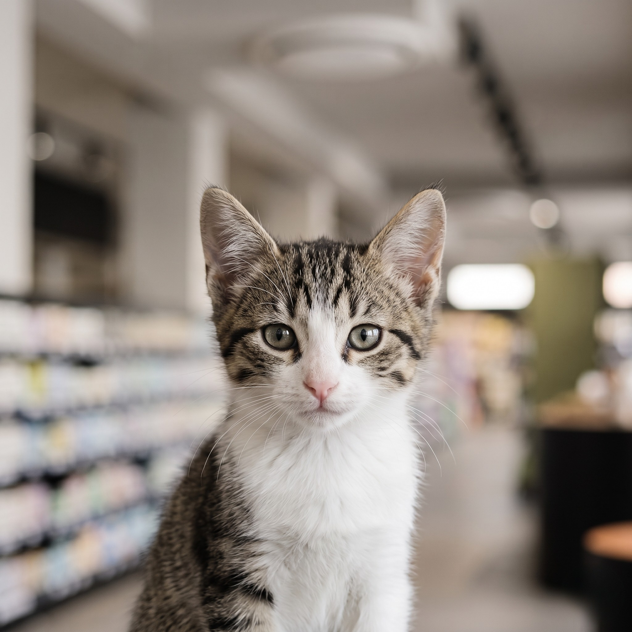 Un gattino in attesa di essere adottato durante la giornata delle adozioni nel negozio Italpet