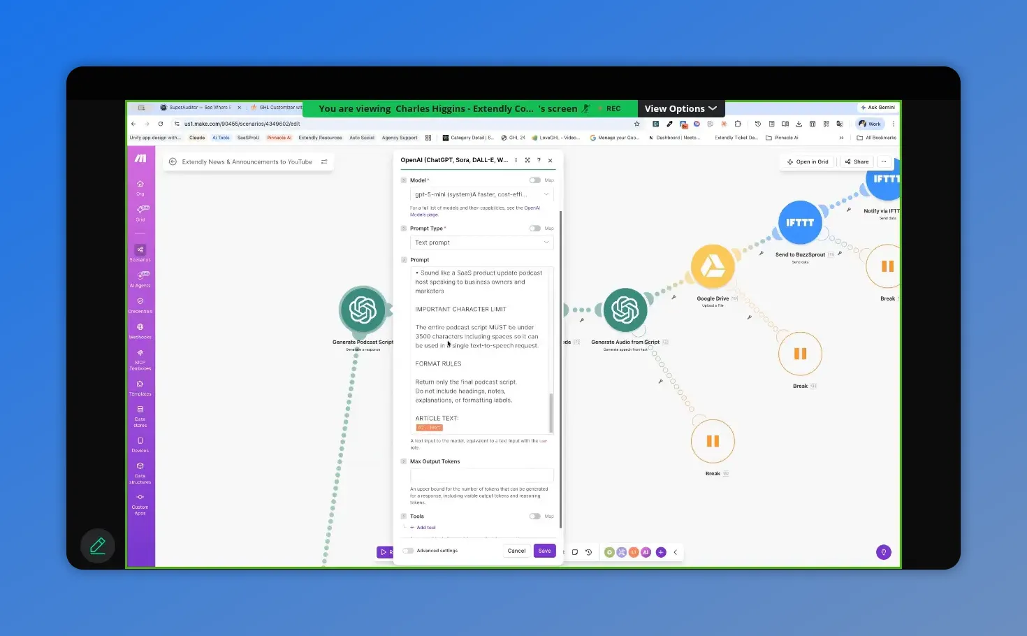 Close-up screenshot of OpenAI text prompt rules for generating a short podcast script in Make