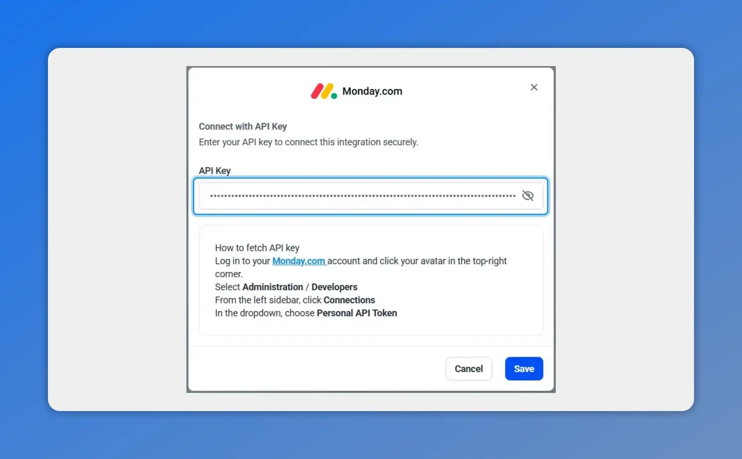 CRM modal prompting for Monday.com API key with a masked key field and Save button