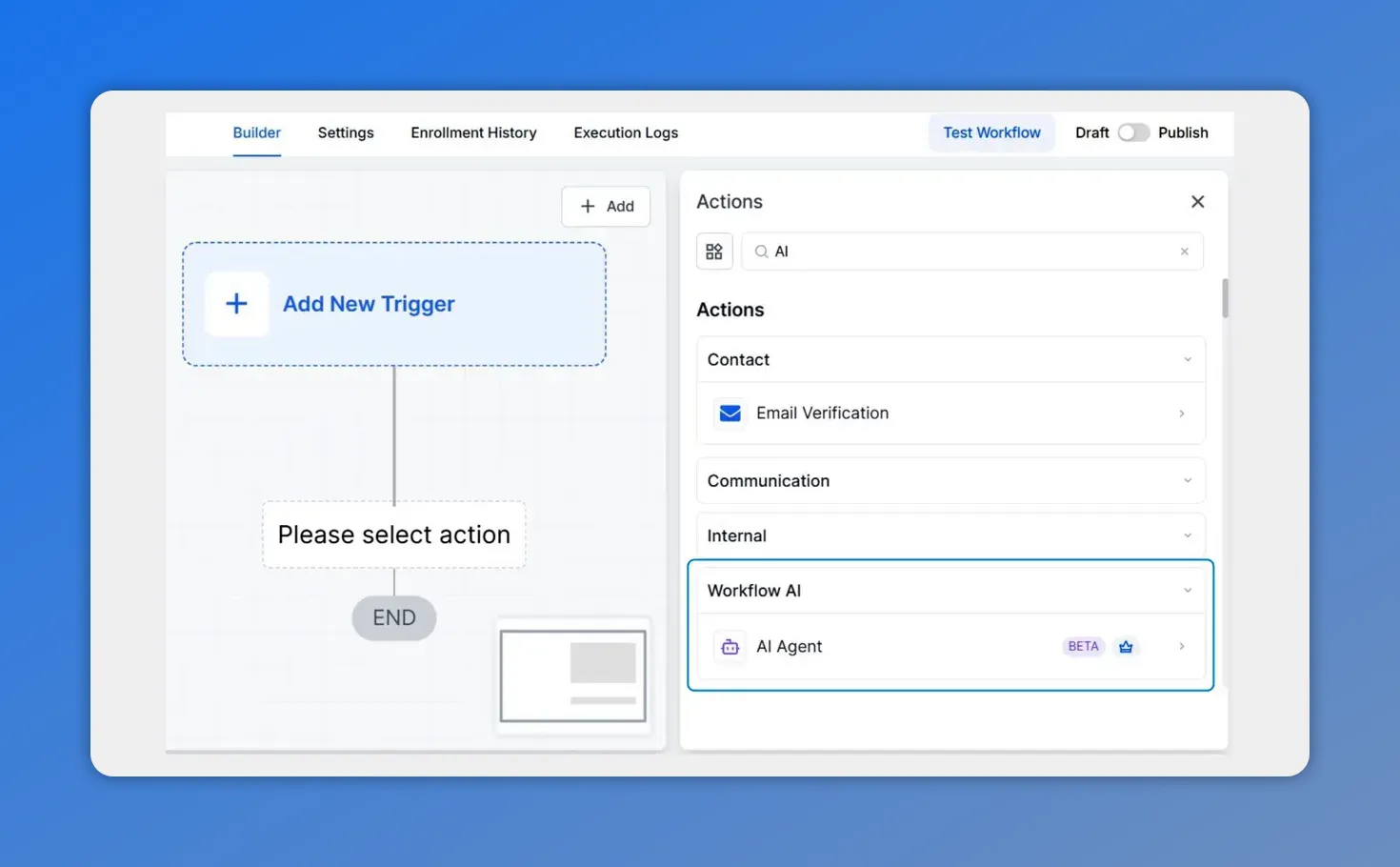 Workflow builder Actions panel showing AI Agent option in Pinnacle