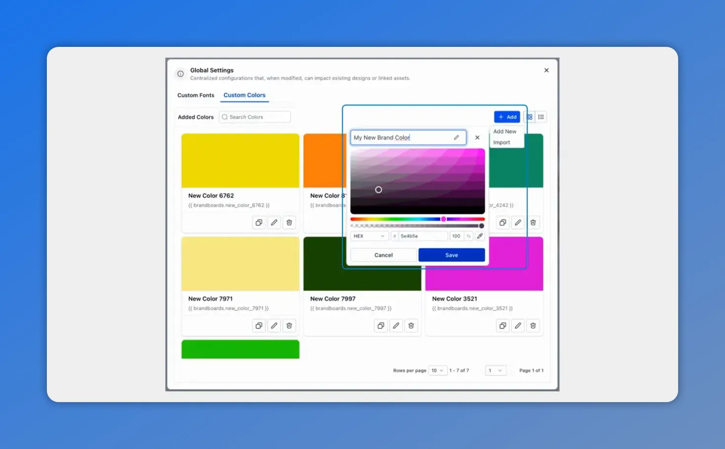 Global Settings dialog for adding a new brand color under Global Custom Colors