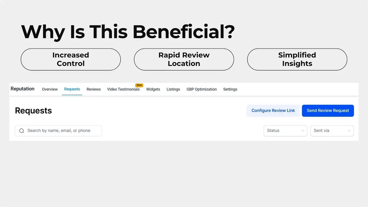 Review Requests page showing search by name, email, or phone plus status and sent via filter selectors
