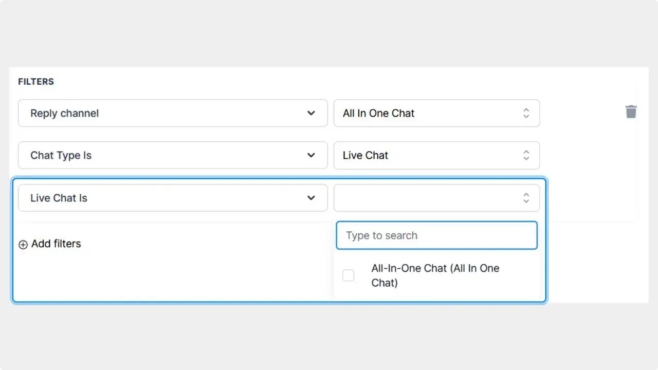 Screenshot of filter UI with Reply Channel set to All In One Chat, Chat Type set to Live Chat, and the 'Live Chat Is' search box showing 'All‑In‑One Chat'.
