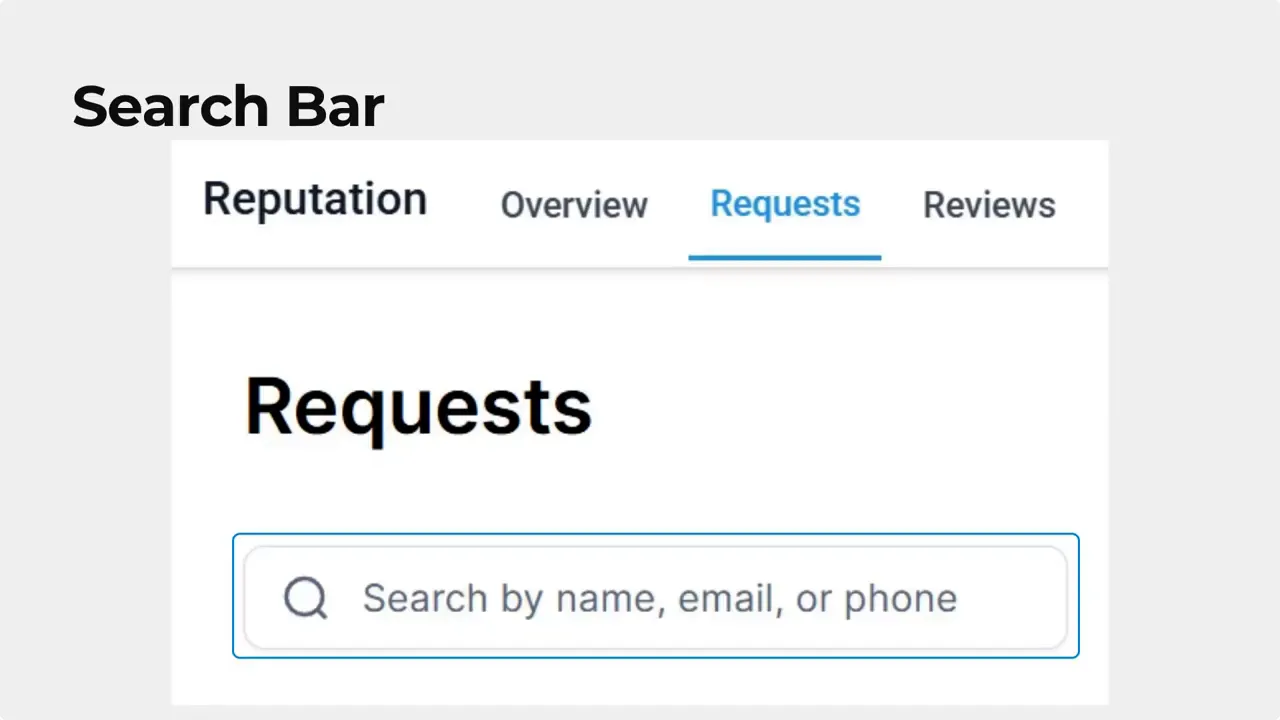 Review Requests page search bar prompting to search by name, email, or phone