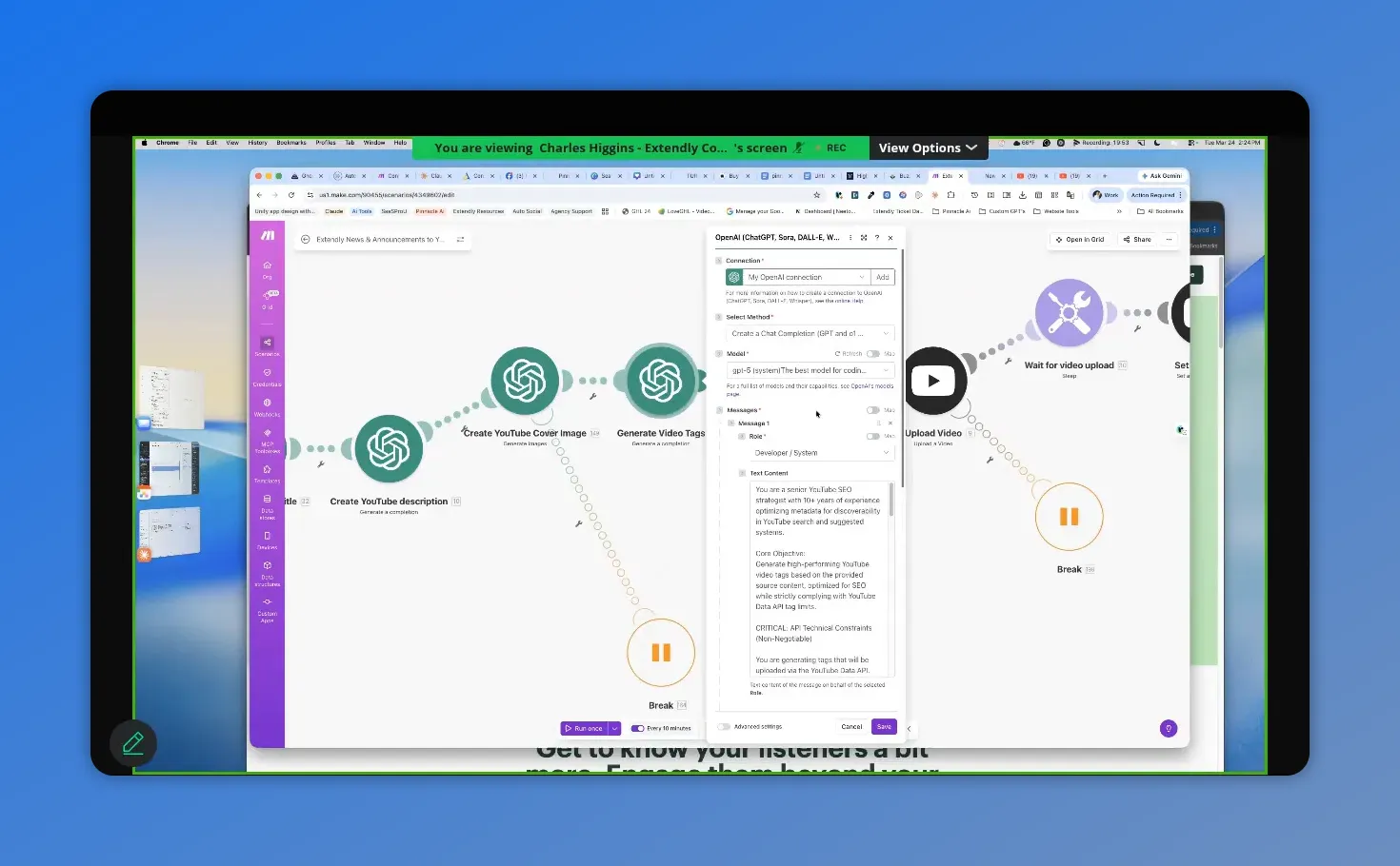 Make workflow with OpenAI chat settings for generating YouTube video tags