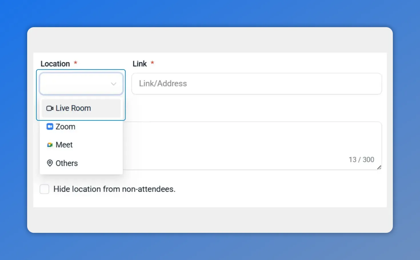Event setup location dropdown showing Live Room selected