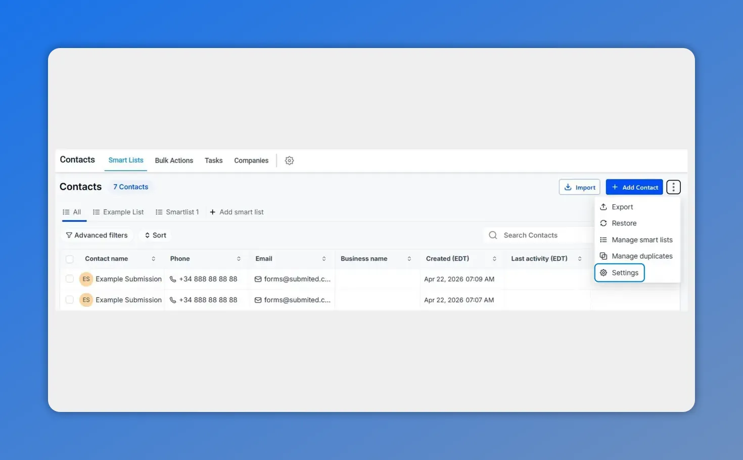 Pinnacle Contacts page showing Smart Lists and the Settings option in the three-dot menu