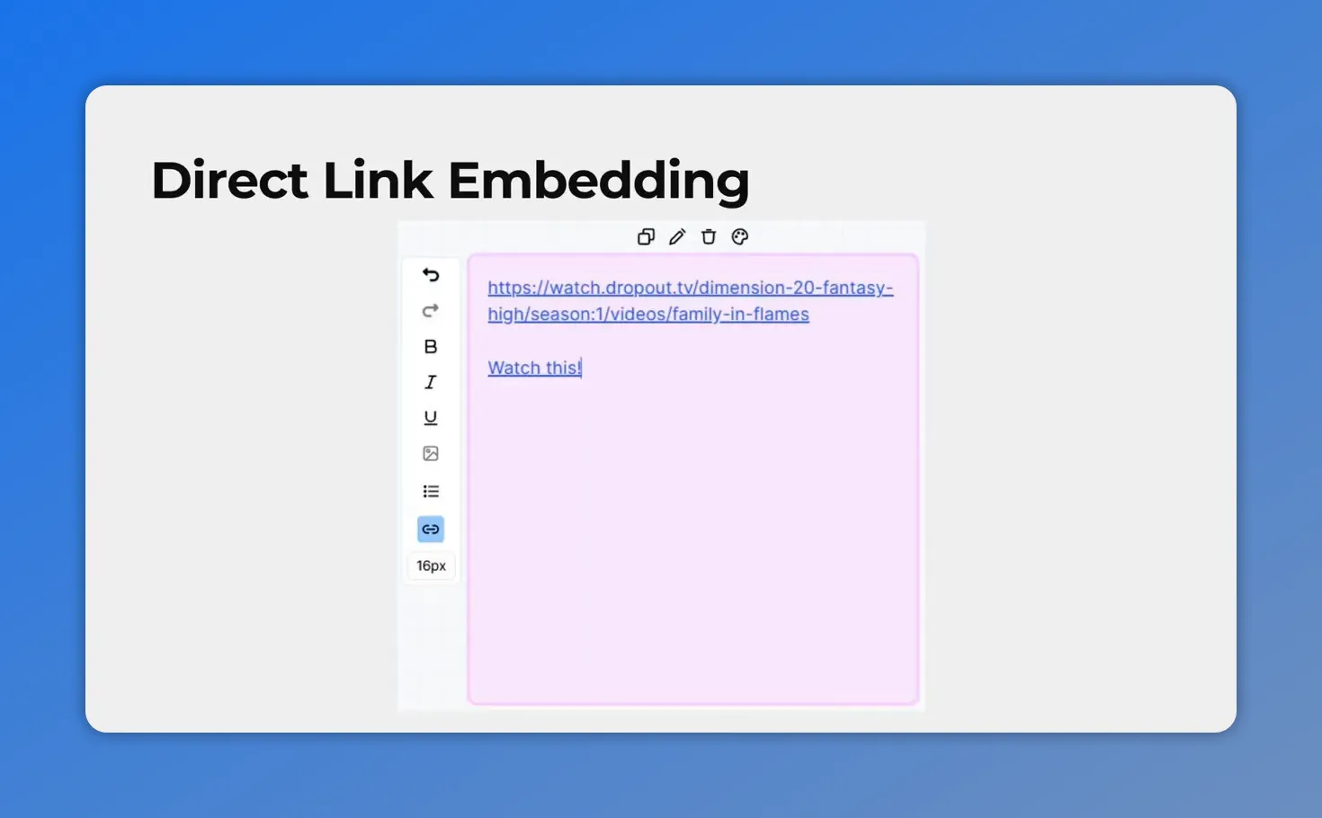 Direct link embedding in Pinnacle sticky note editor with a clickable URL