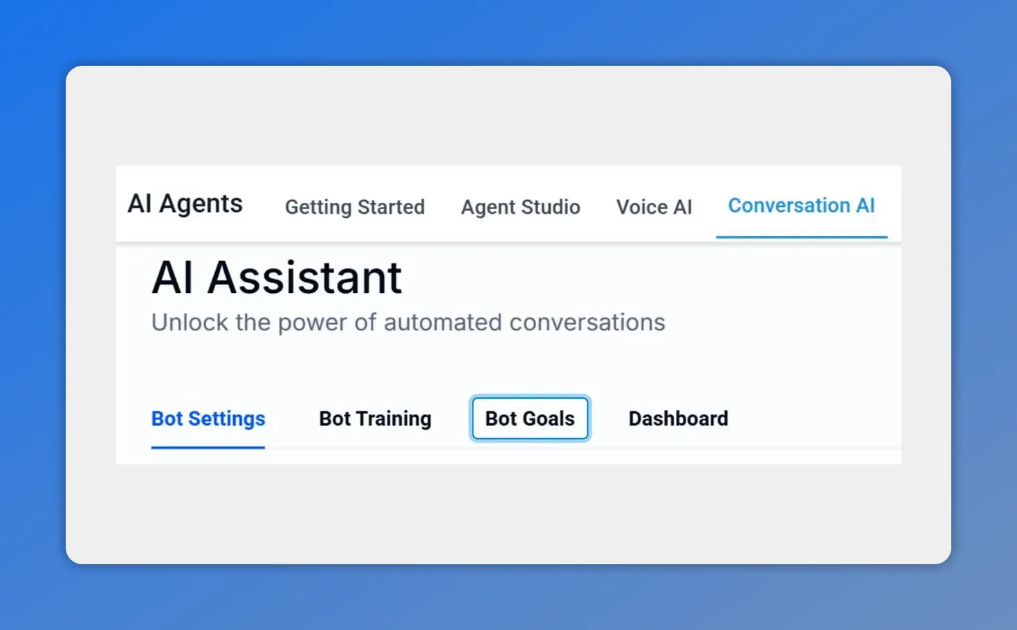 AI Agents page showing the Conversation AI tab selected and the 'AI Assistant' bot header with navigation including Bot Settings, Bot Training, Bot Goals, Dashboard.