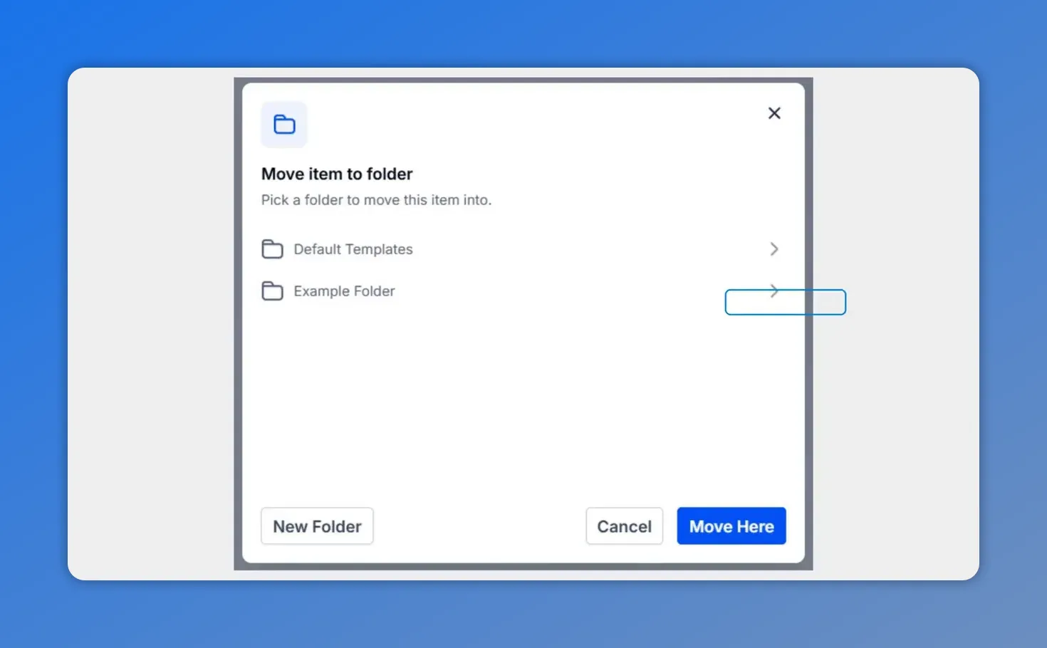 Pinnacle “Move item to folder” dialog showing folder options and “New Folder” button