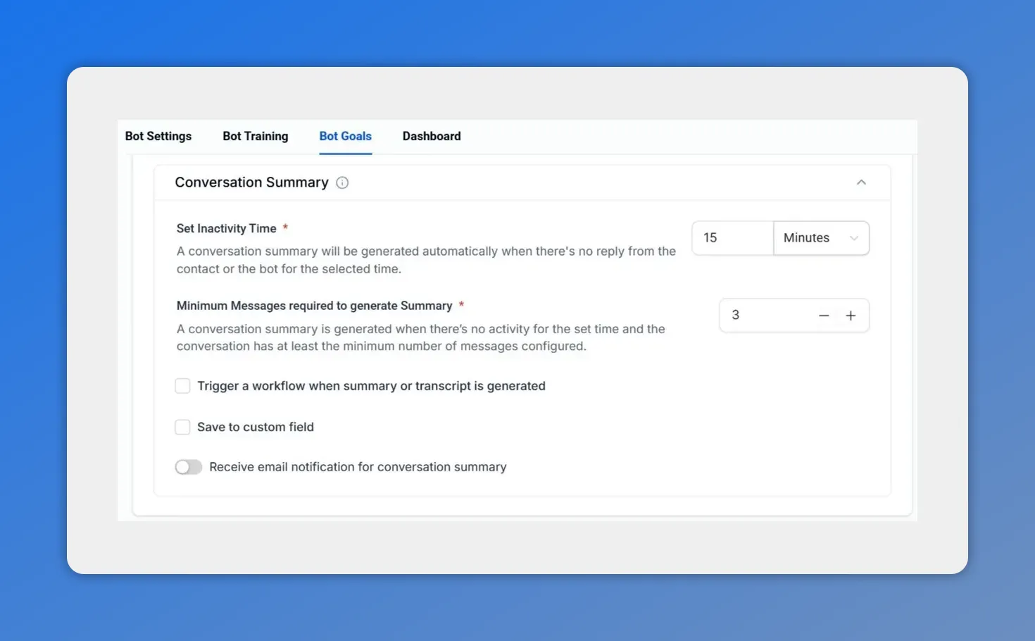 Conversation Summary settings panel showing 'Set Inactivity Time' set to 15 minutes, 'Minimum Messages required to generate Summary' set to 3, and options to trigger a workflow, save to custom field, and receive email notifications.