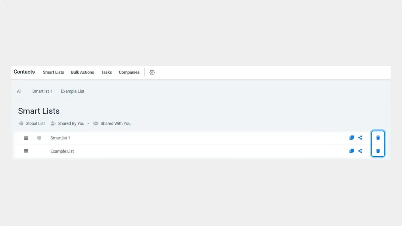 Contacts Smart Lists view with delete (trash can) icon highlighted on the right