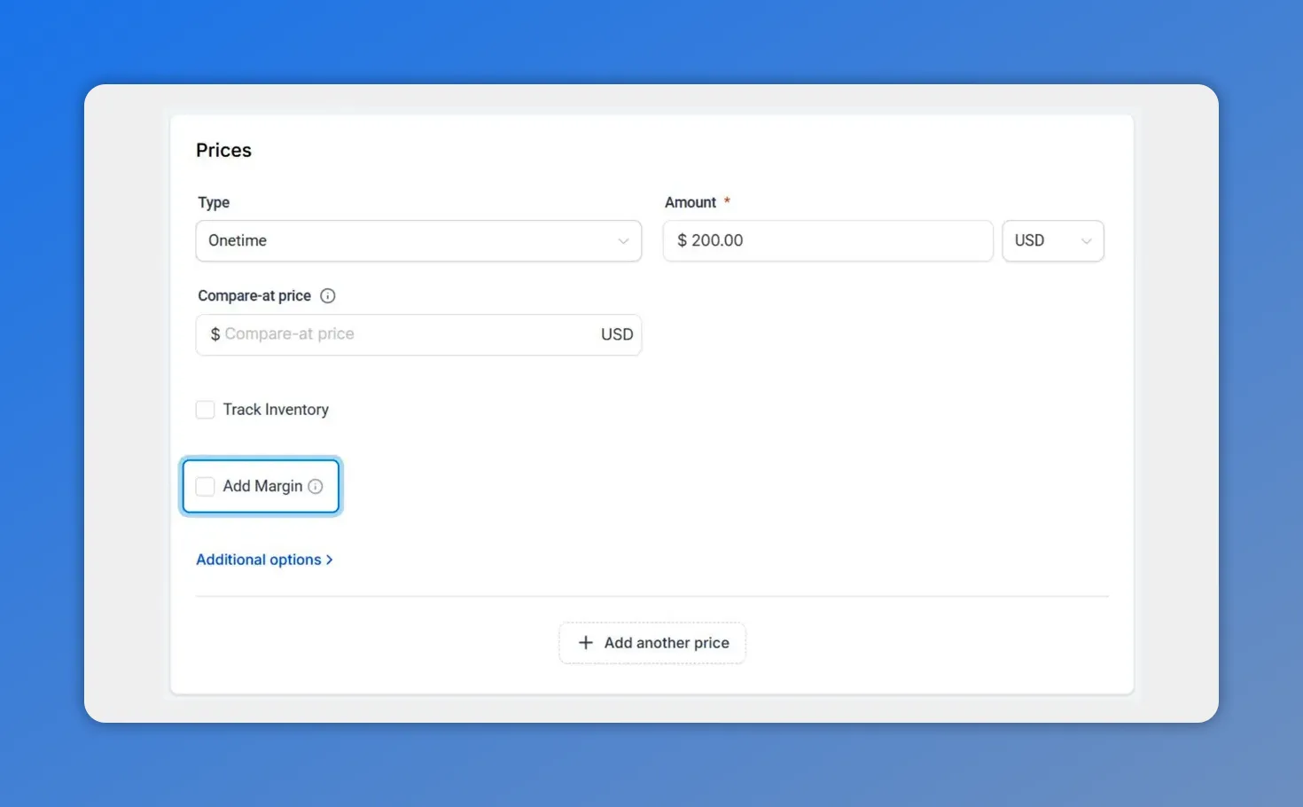 Product Prices form with Amount set to $200 and an unchecked 'Add Margin' checkbox