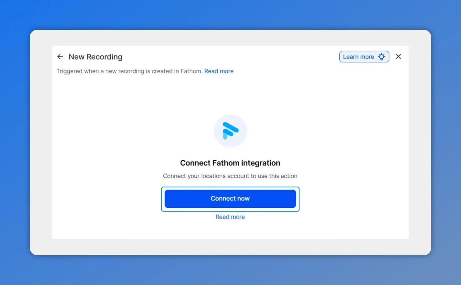 Fathom integration connect screen showing the Connect now button