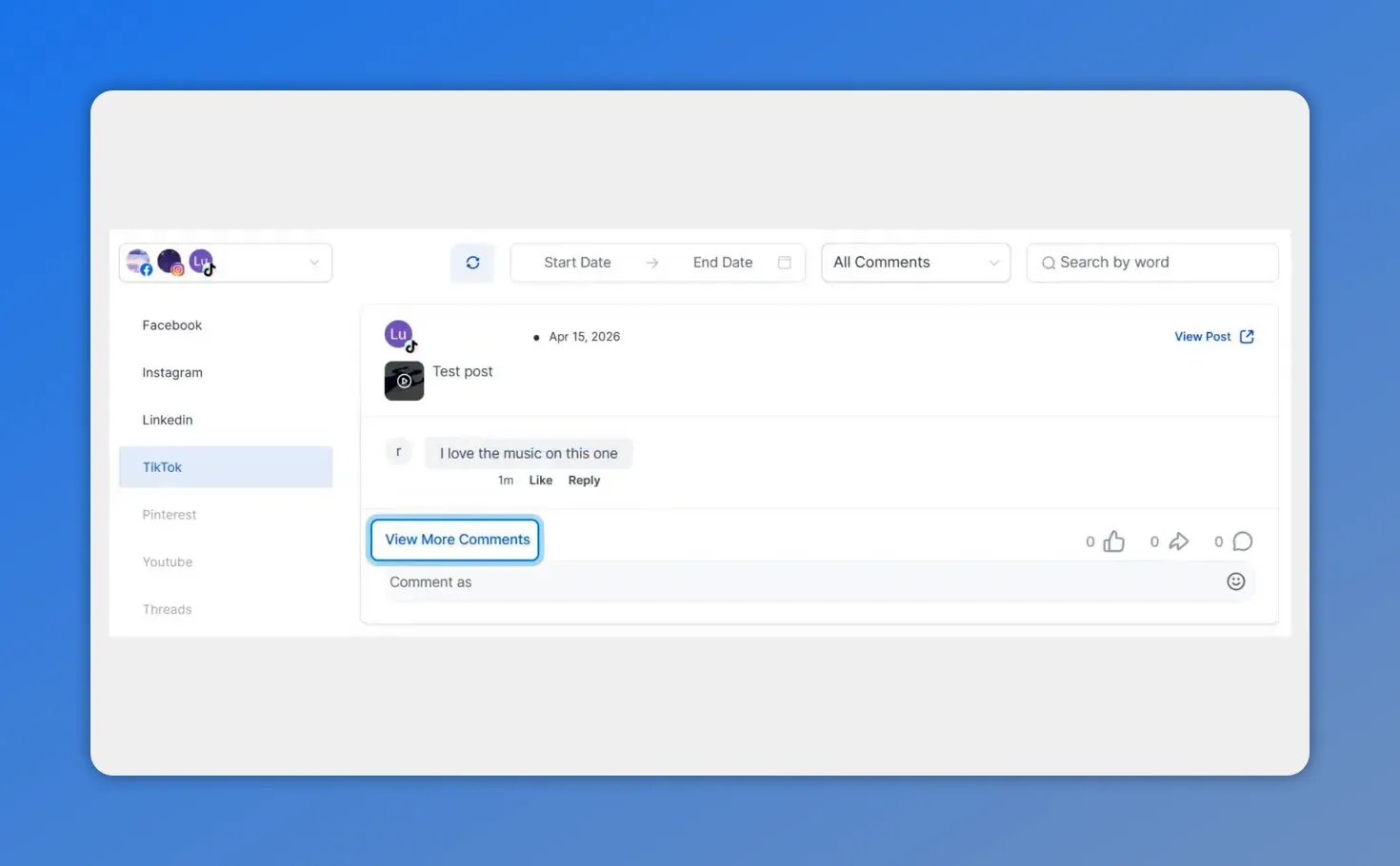 Pinnacle Social Planner Comments view for TikTok showing the “View More Comments” button