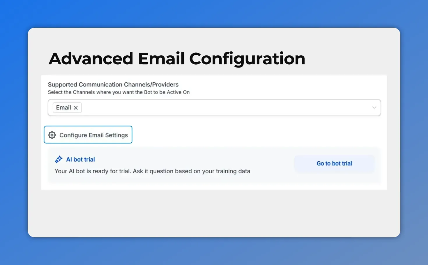 Conversation AI interface showing Advanced Email Configuration and button to configure email settings for the Email channel